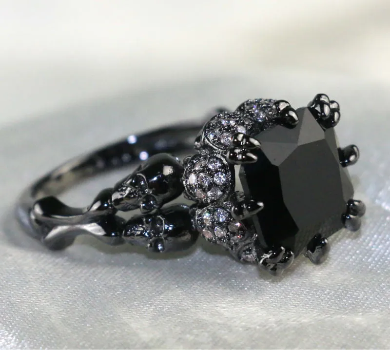 Agate Zircon Rhodium Plated Skull Ring
