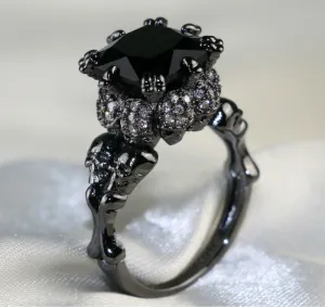Agate Zircon Rhodium Plated Skull Ring