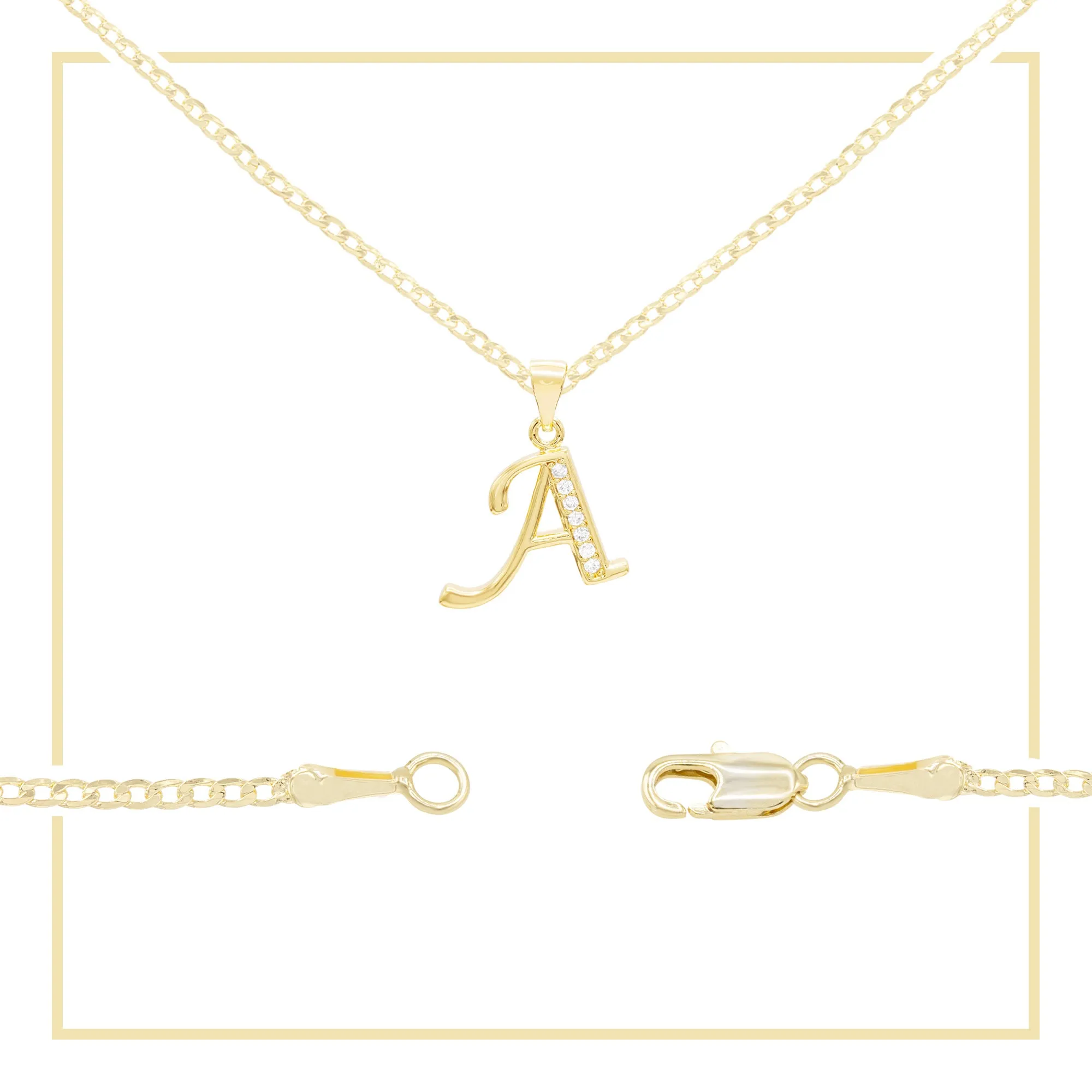 Alphabet A-Z Initial Letter CZ Pendant 14K Gold Filled Curb Chain Set 18" 20" 24" Women
