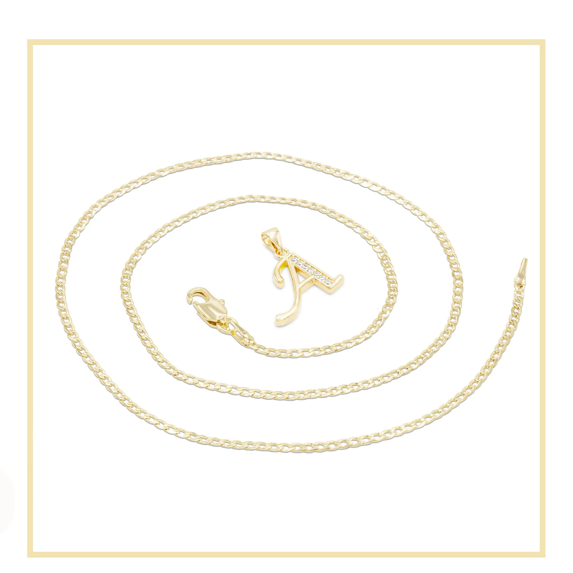 Alphabet A-Z Initial Letter CZ Pendant 14K Gold Filled Curb Chain Set 18" 20" 24" Women