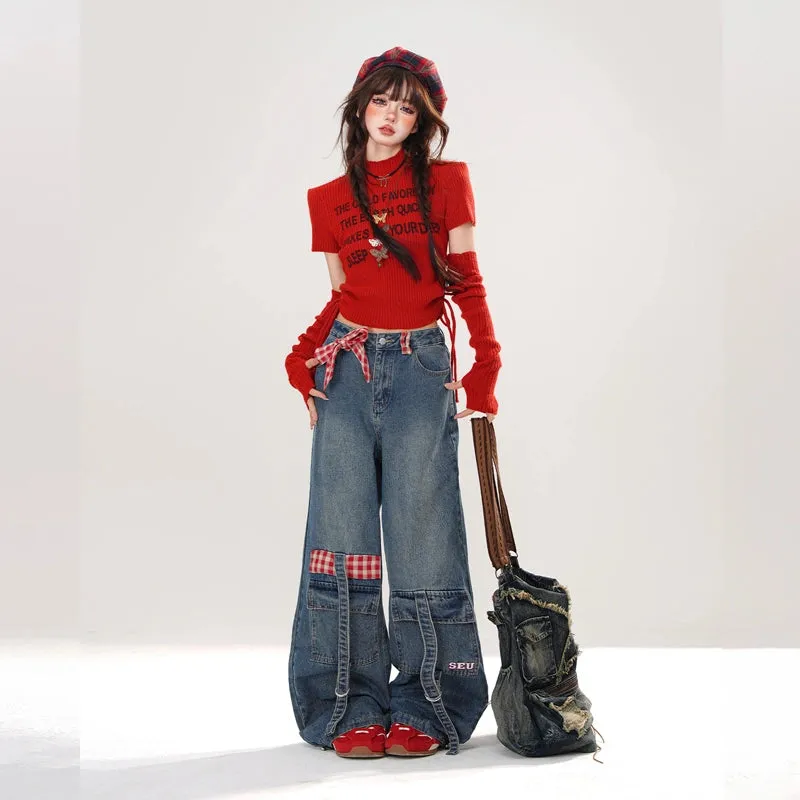 American Retro Style Blue Straight Wide-leg Jeans