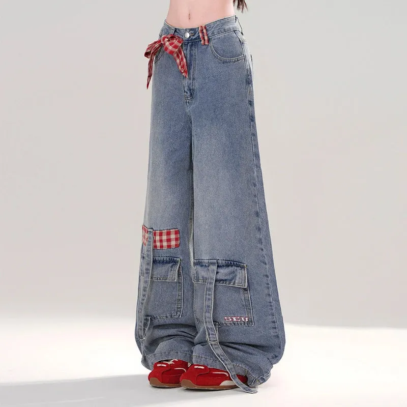 American Retro Style Blue Straight Wide-leg Jeans