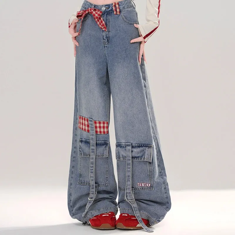 American Retro Style Blue Straight Wide-leg Jeans