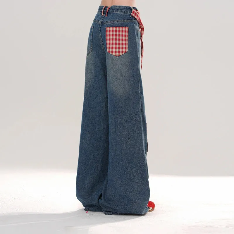 American Retro Style Blue Straight Wide-leg Jeans