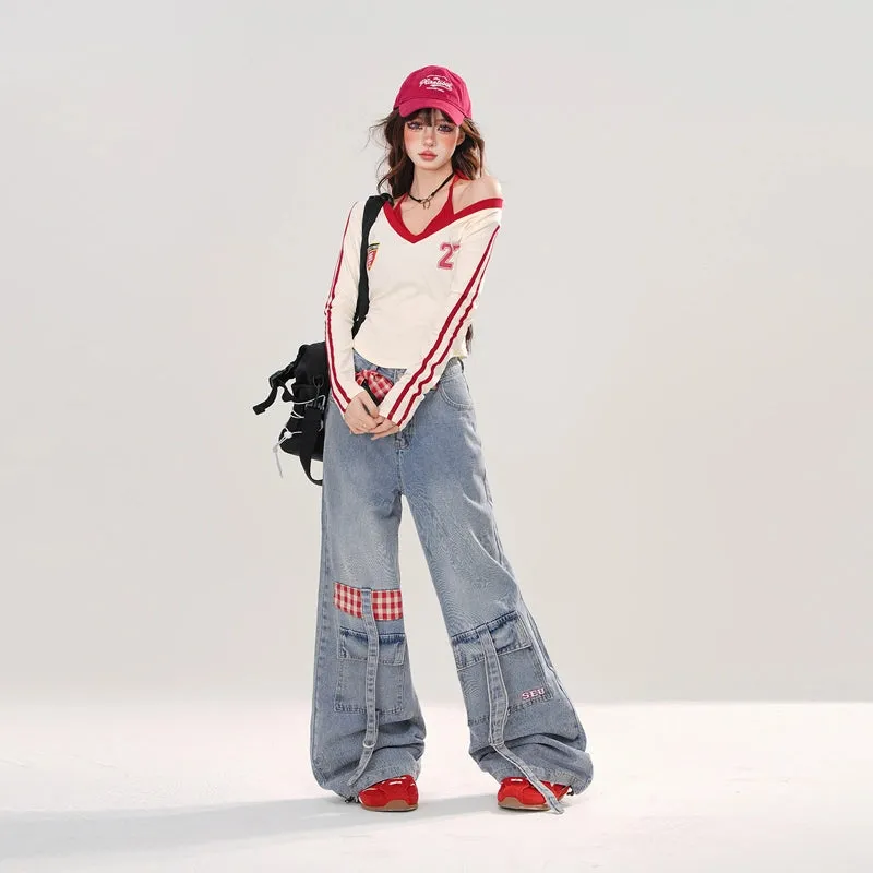 American Retro Style Blue Straight Wide-leg Jeans