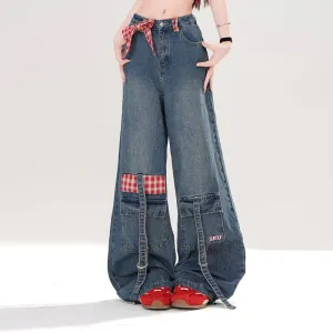 American Retro Style Blue Straight Wide-leg Jeans