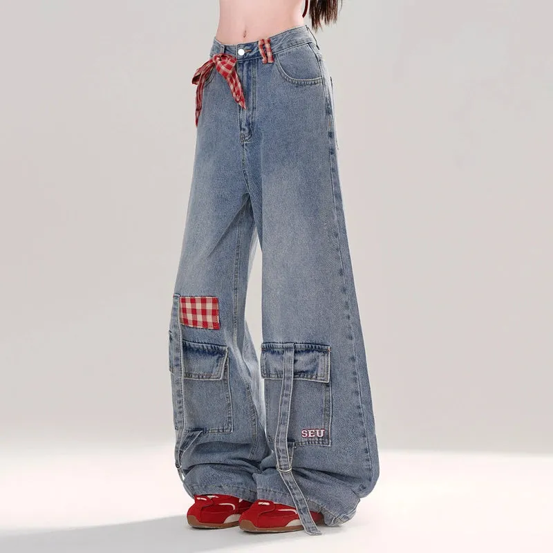 American Retro Style Blue Straight Wide-leg Jeans