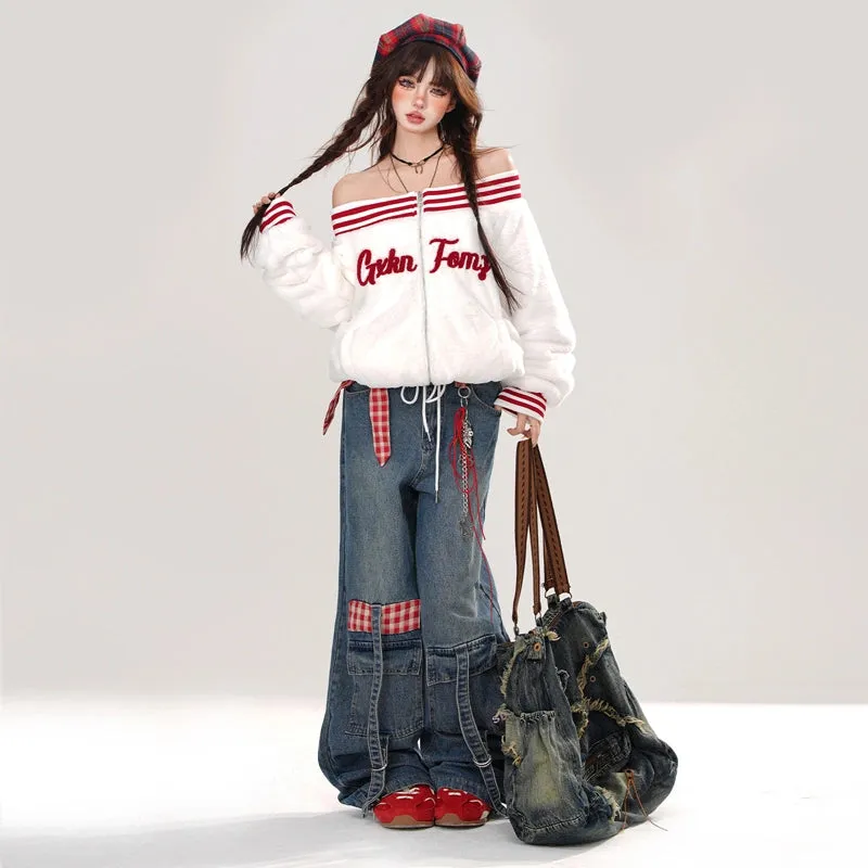 American Retro Style Blue Straight Wide-leg Jeans