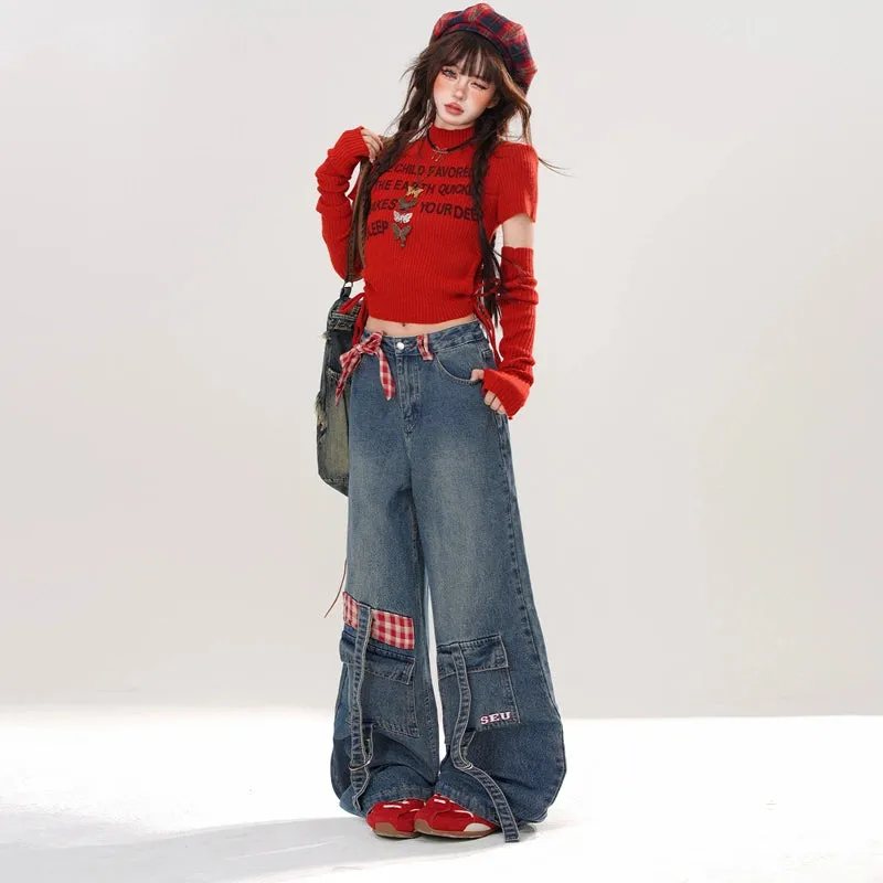 American Retro Style Blue Straight Wide-leg Jeans