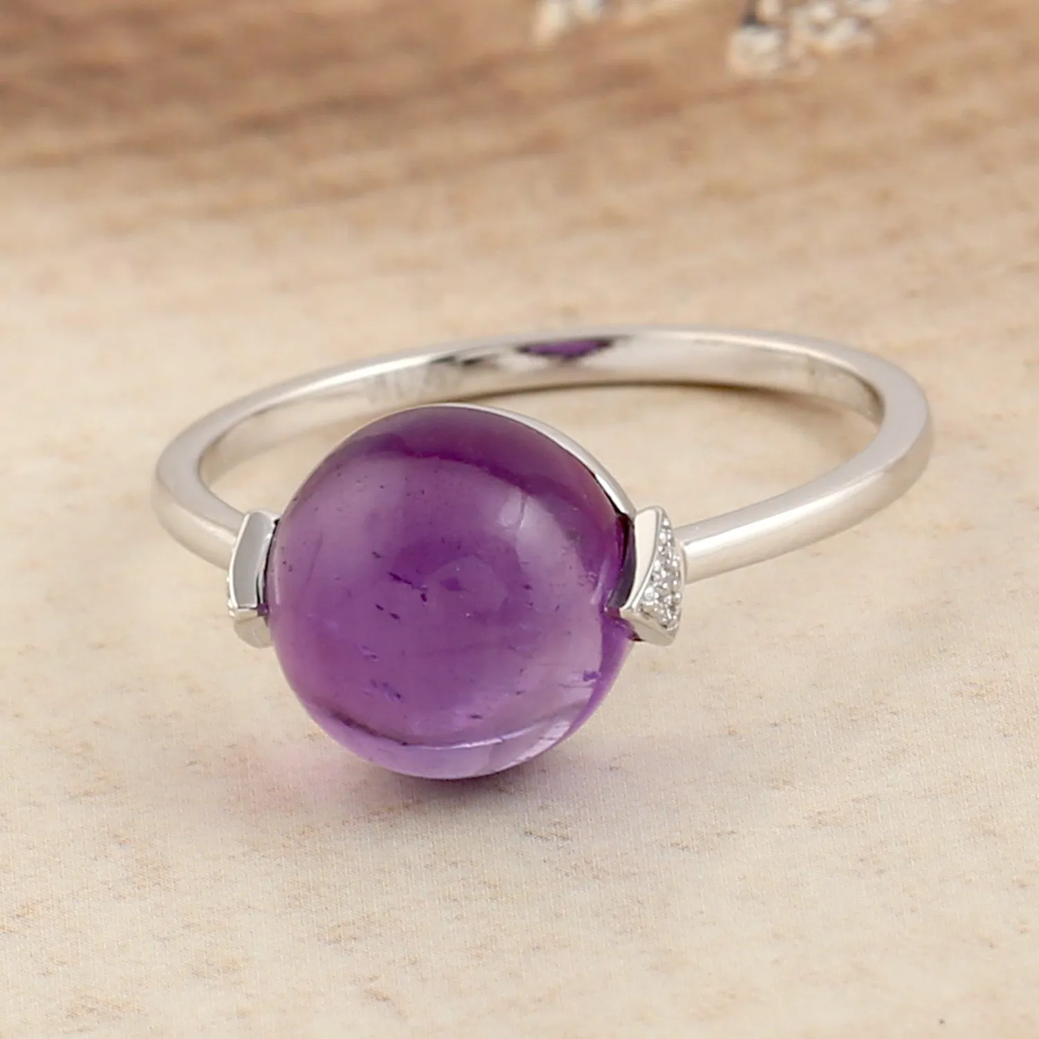 Amethyst Beads Ball Pave Diamond Designer Ring In 18k White Gold Women Jewelry