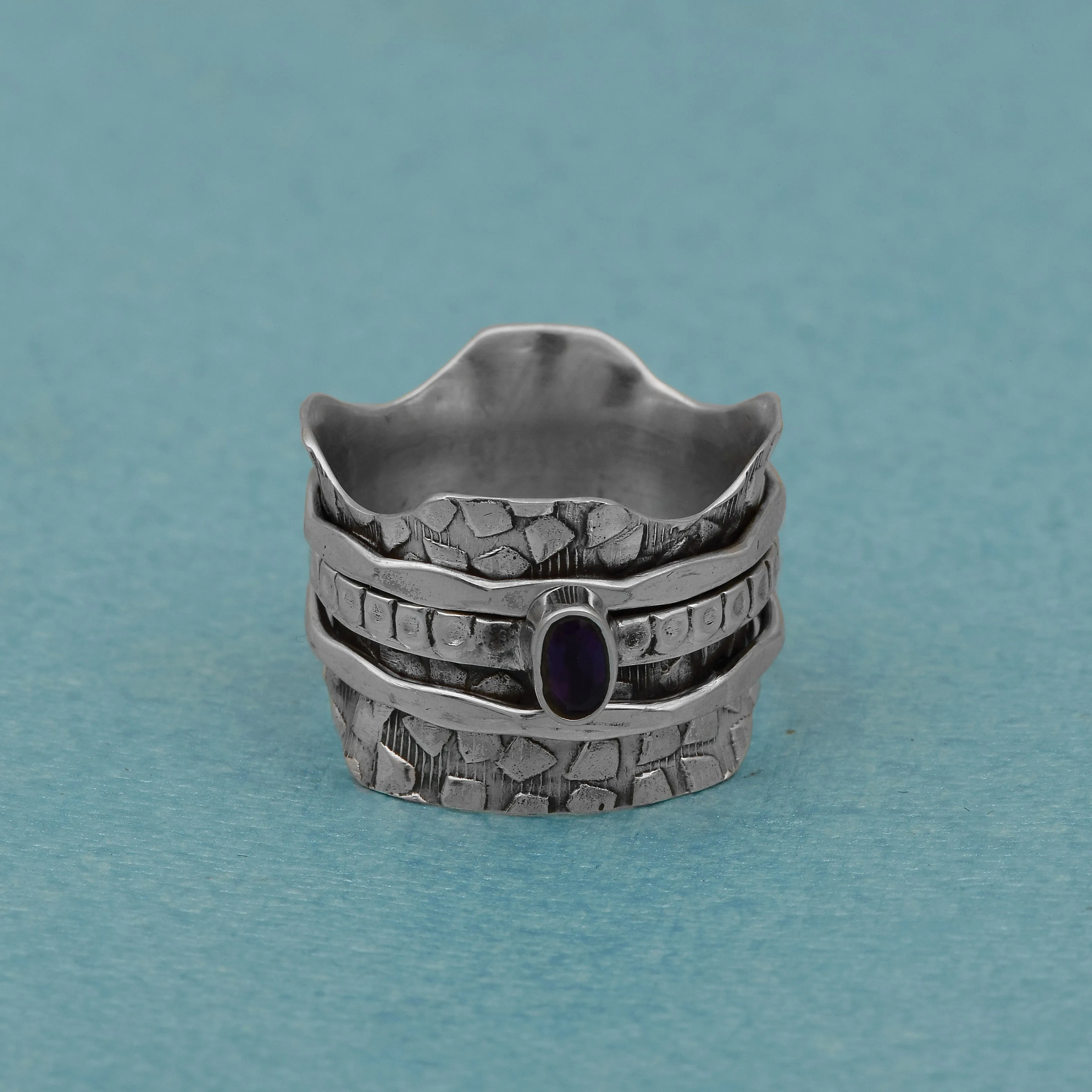 Amethyst Multi Banded Engraved Spinner Ring