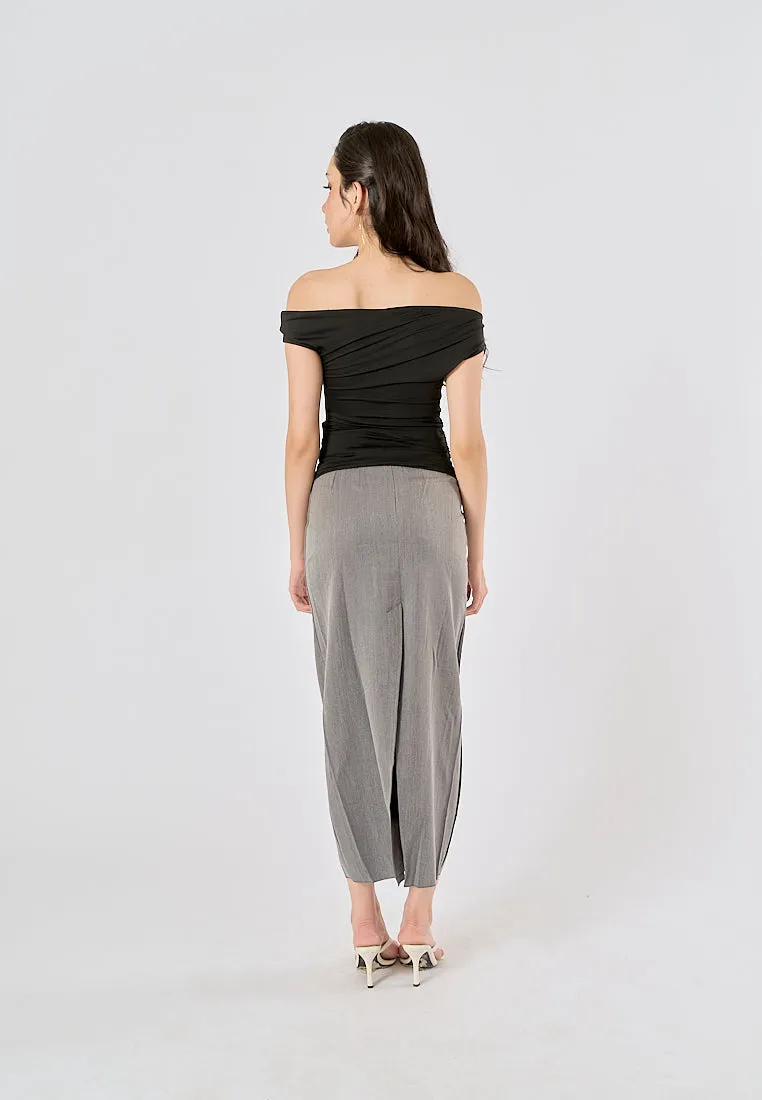 Anette Gray Back Slit Zipper Fly Casual Long Pencil Skirt