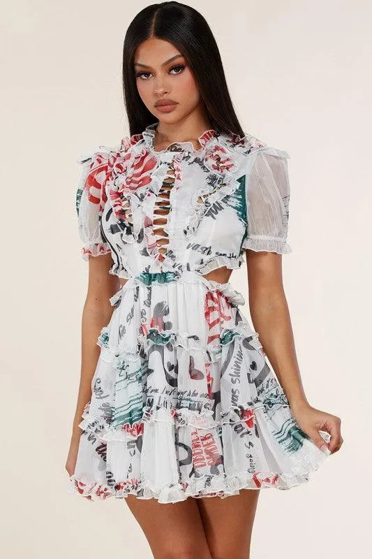 ART PRINT MINI DRESS WITH OPEN BACK