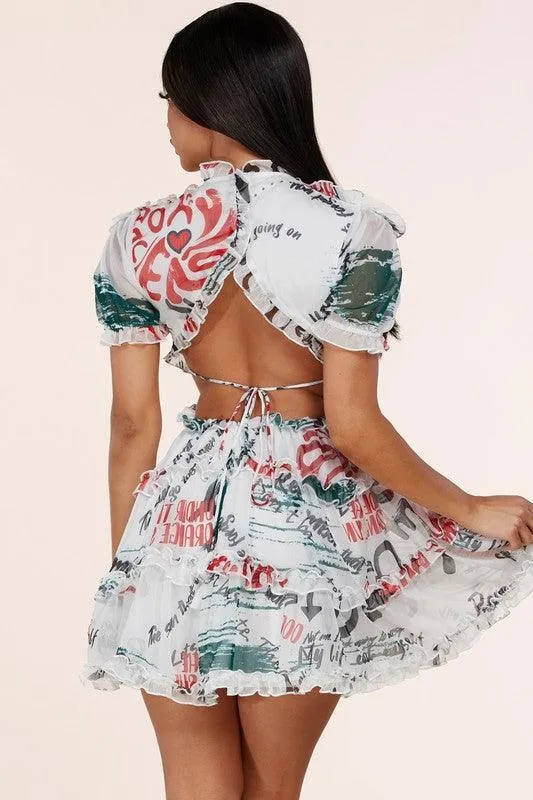 ART PRINT MINI DRESS WITH OPEN BACK