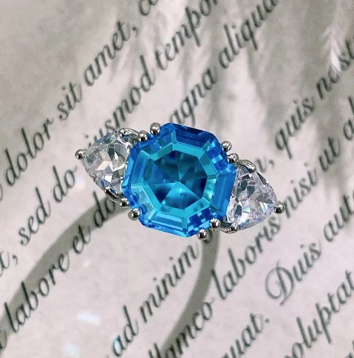 Asscher Diamond Ring | Blue Diamond Ring | Blue Diamond Wedding Ring | Womens Engagement Ring | Asscher Ring | Womens Wedding Ring | Silver