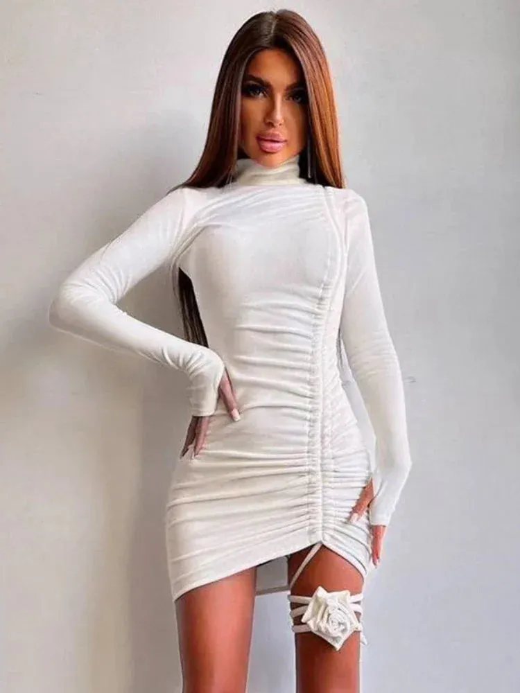 Bandage Flower Bodycon High Waist Long Sleeve Sexy Mini Dress