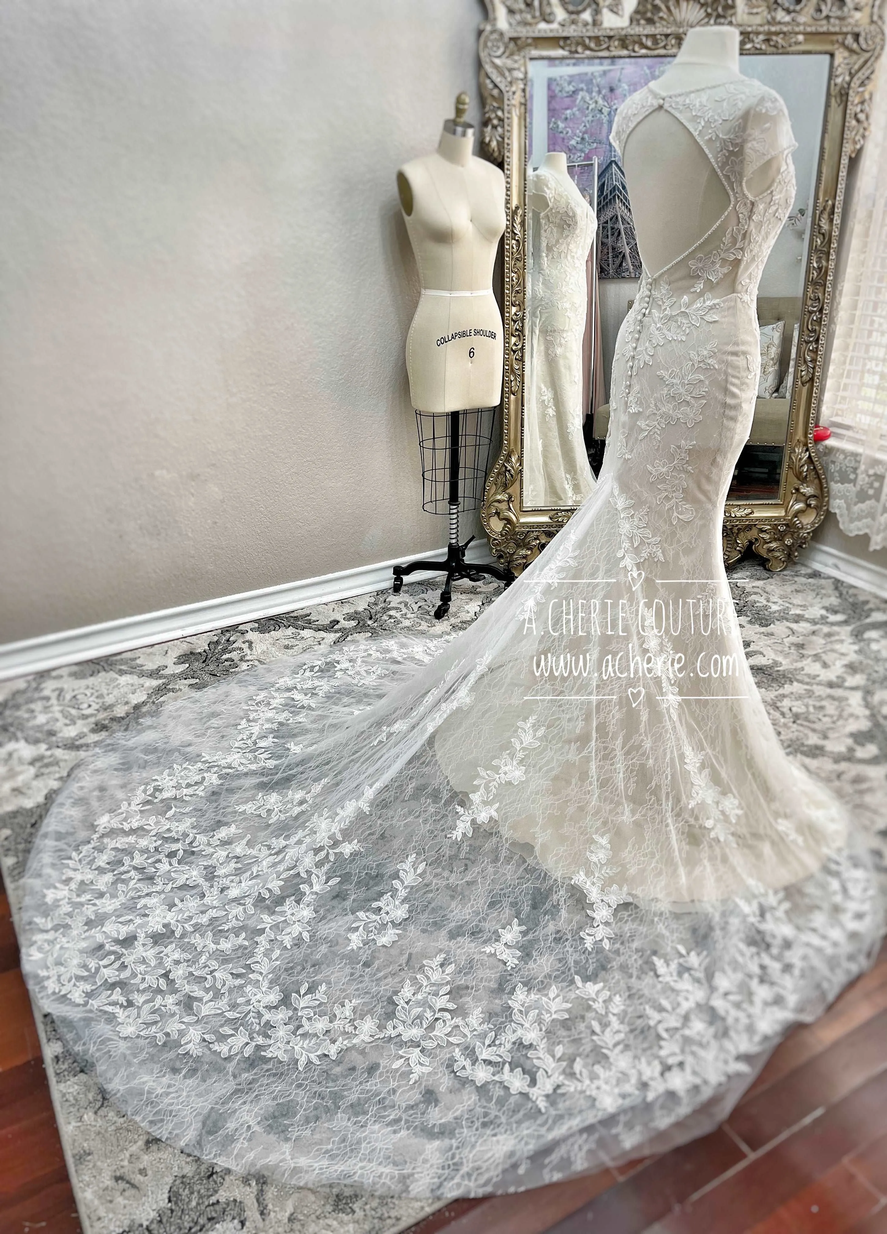 Beaded Low Neckline Open Back Layered Lace Fit & Flare Wedding Dress | Ember