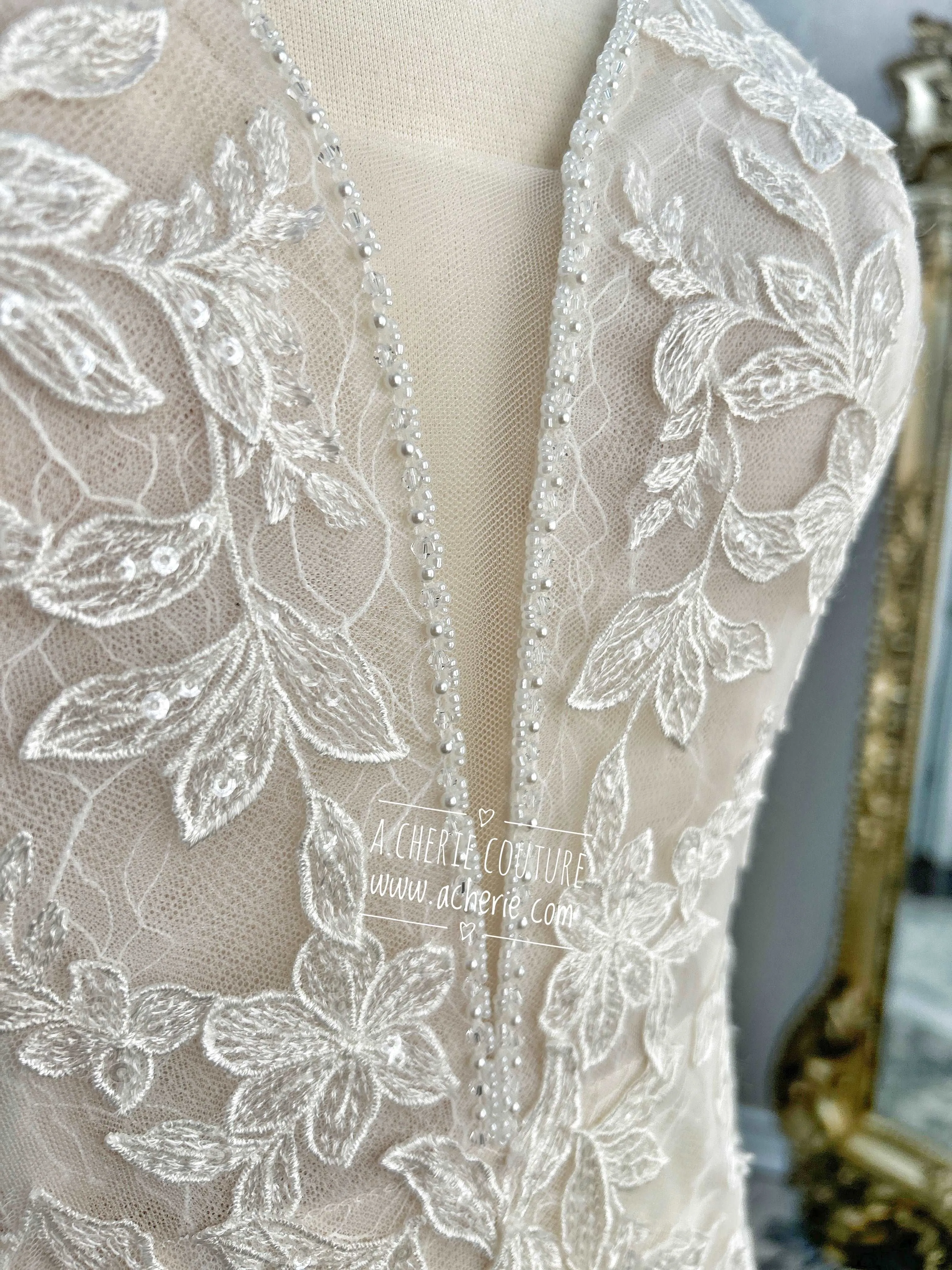 Beaded Low Neckline Open Back Layered Lace Fit & Flare Wedding Dress | Ember