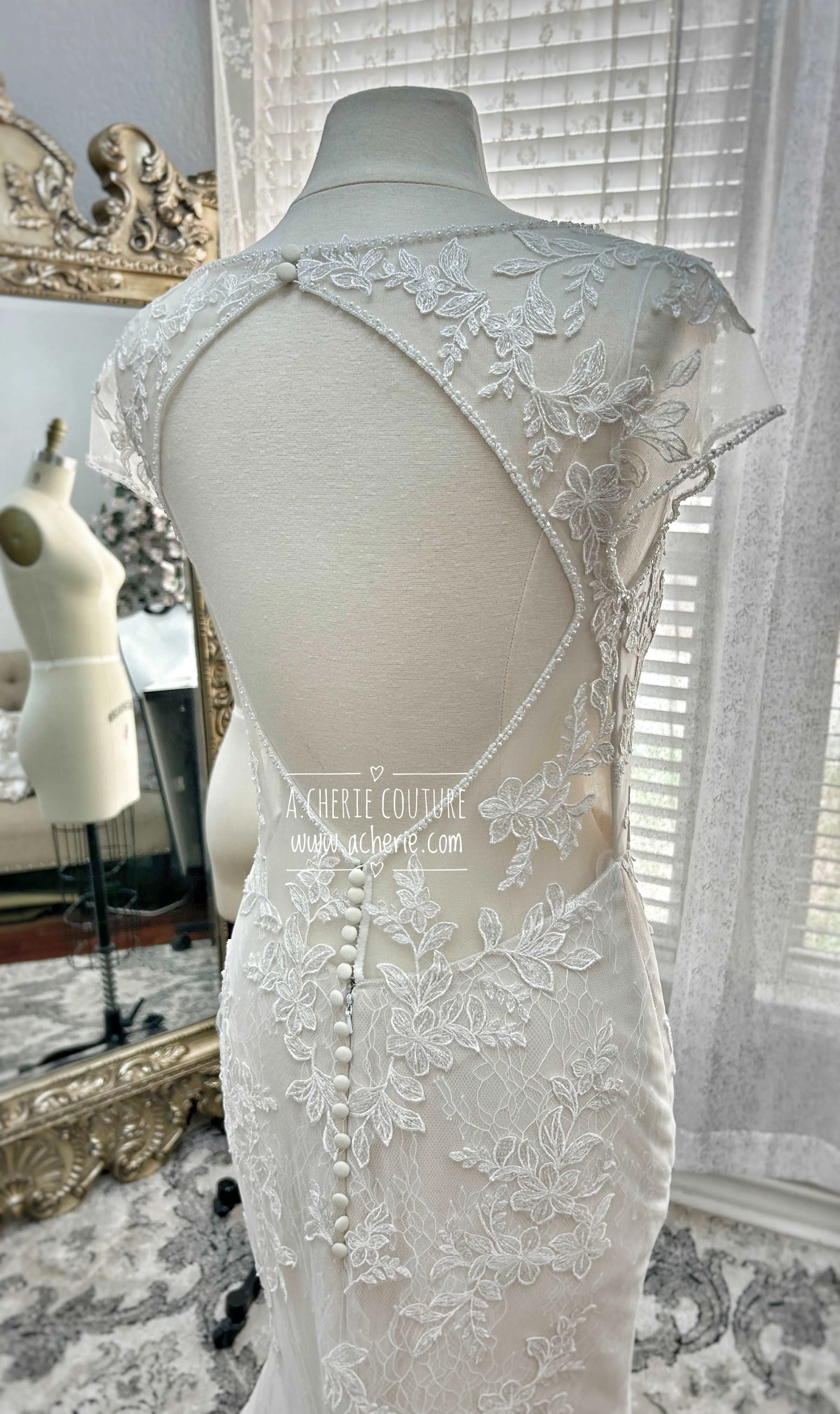 Beaded Low Neckline Open Back Layered Lace Fit & Flare Wedding Dress | Ember