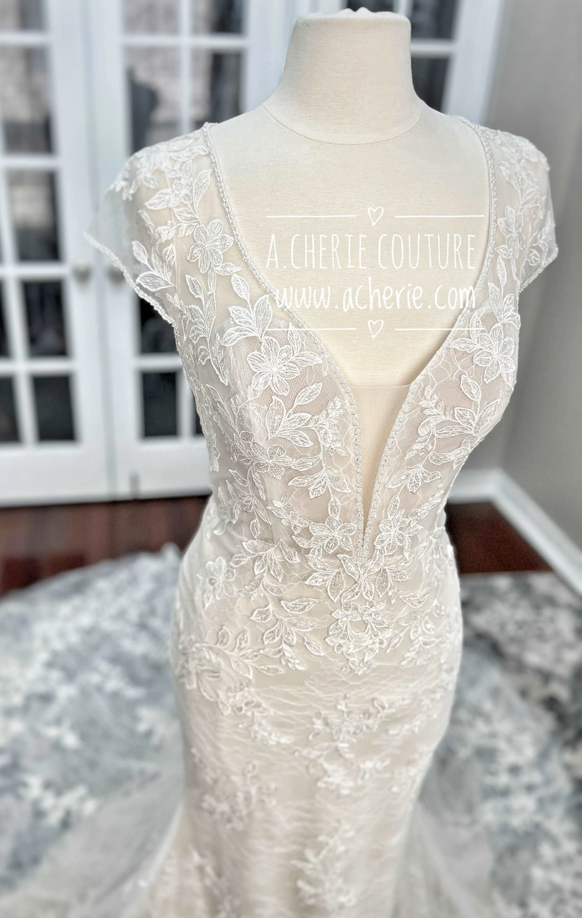 Beaded Low Neckline Open Back Layered Lace Fit & Flare Wedding Dress | Ember