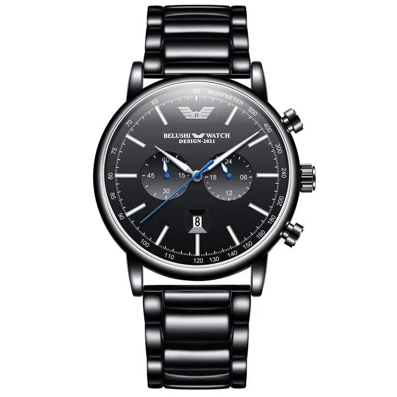 BELUSHI Mens Watches Stainless Steel Chronograph Waterproof Luxury Brand Top Quartz Military Watch for Men Army Sport Wristwatch