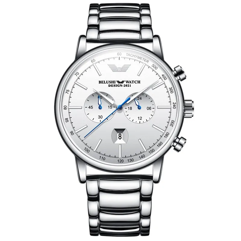 BELUSHI Mens Watches Stainless Steel Chronograph Waterproof Luxury Brand Top Quartz Military Watch for Men Army Sport Wristwatch