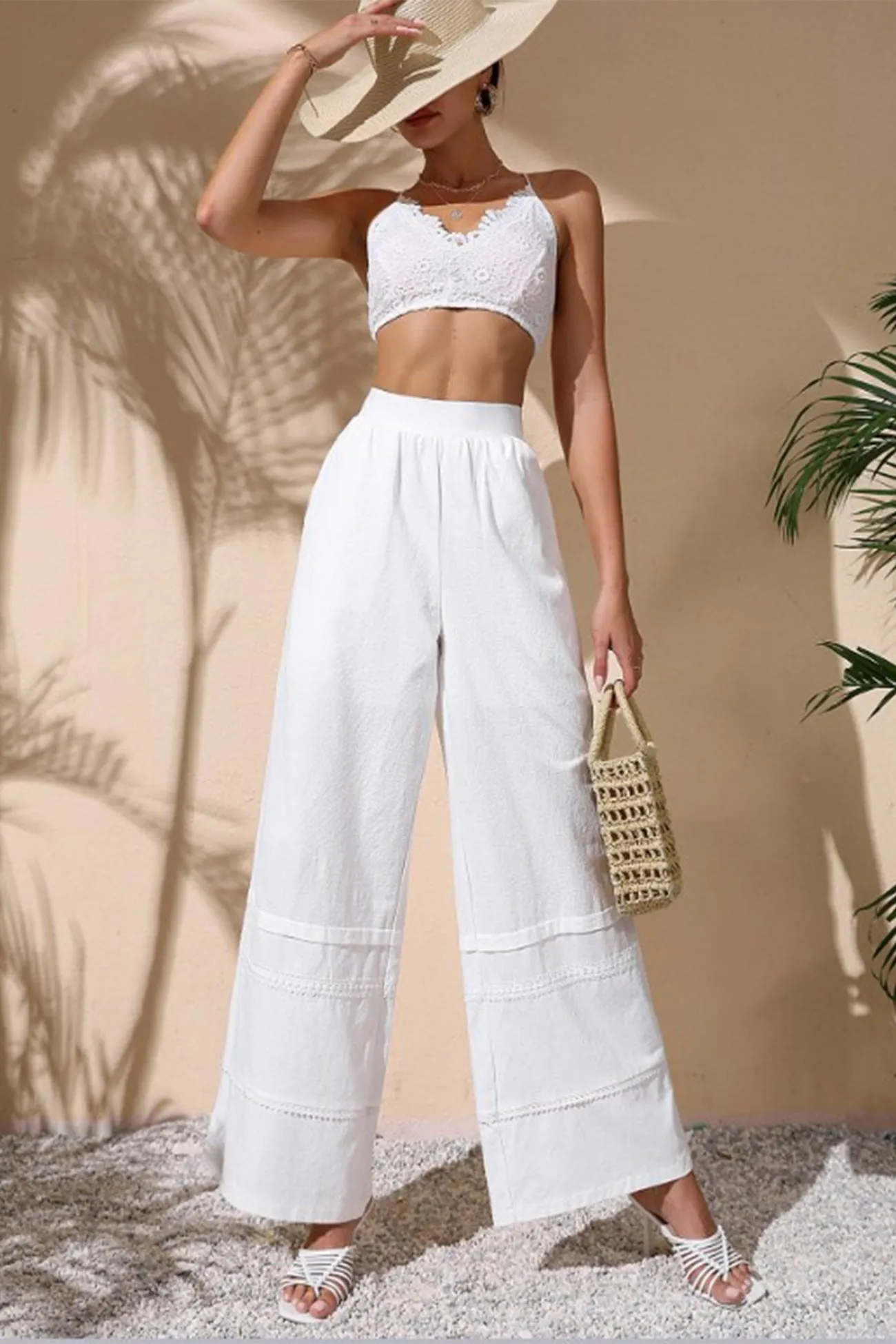 BerryBetty - White Embossing Wide Leg Pants