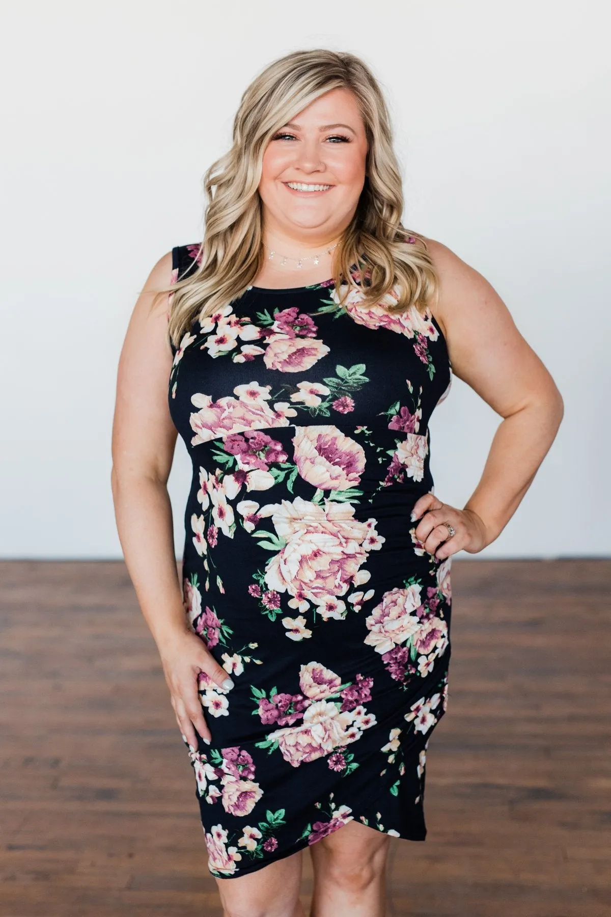Better With You Floral Cinched Dress- Dark Navy