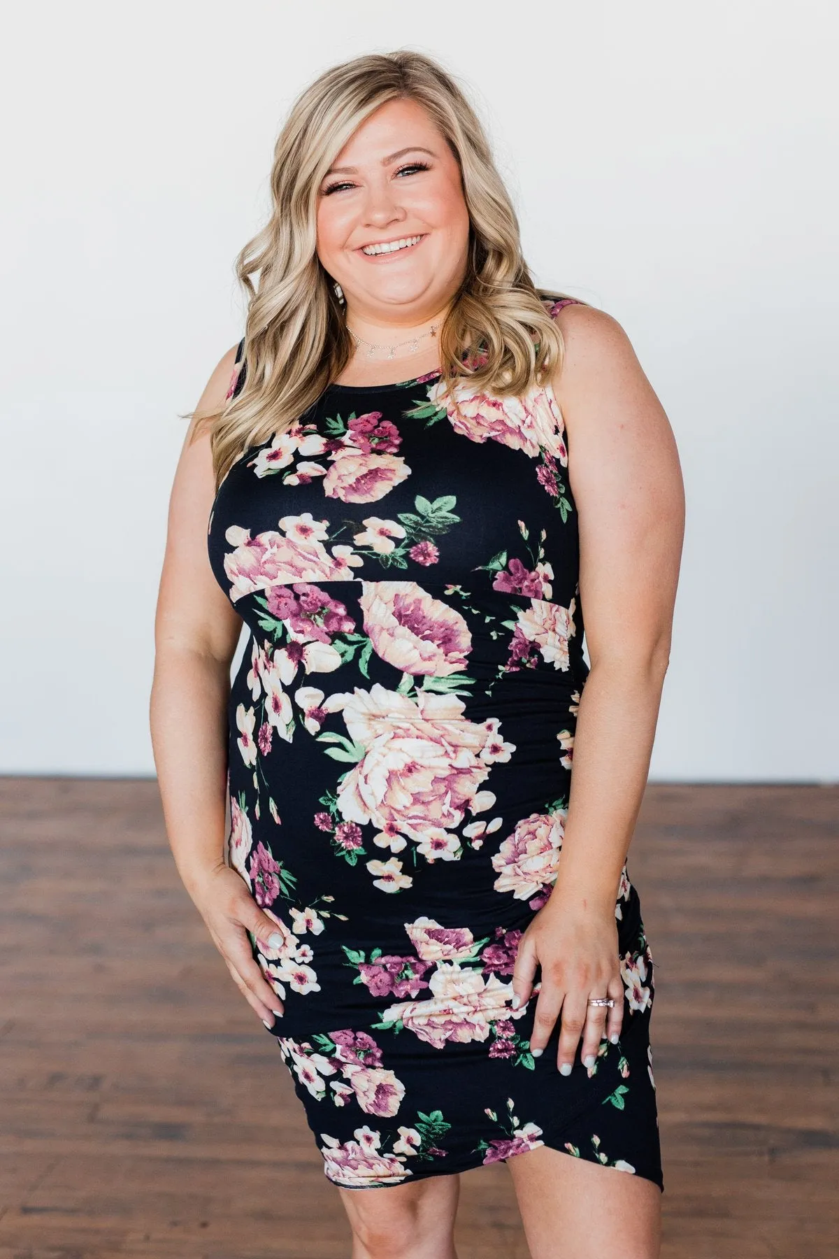 Better With You Floral Cinched Dress- Dark Navy