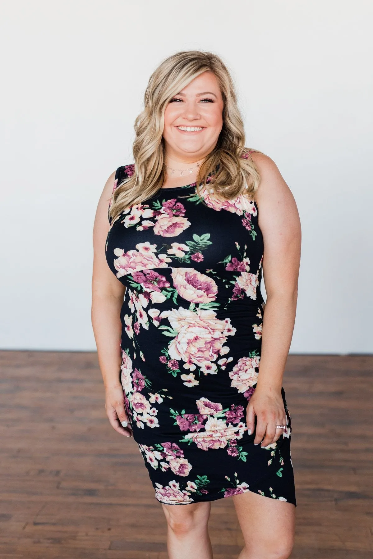 Better With You Floral Cinched Dress- Dark Navy