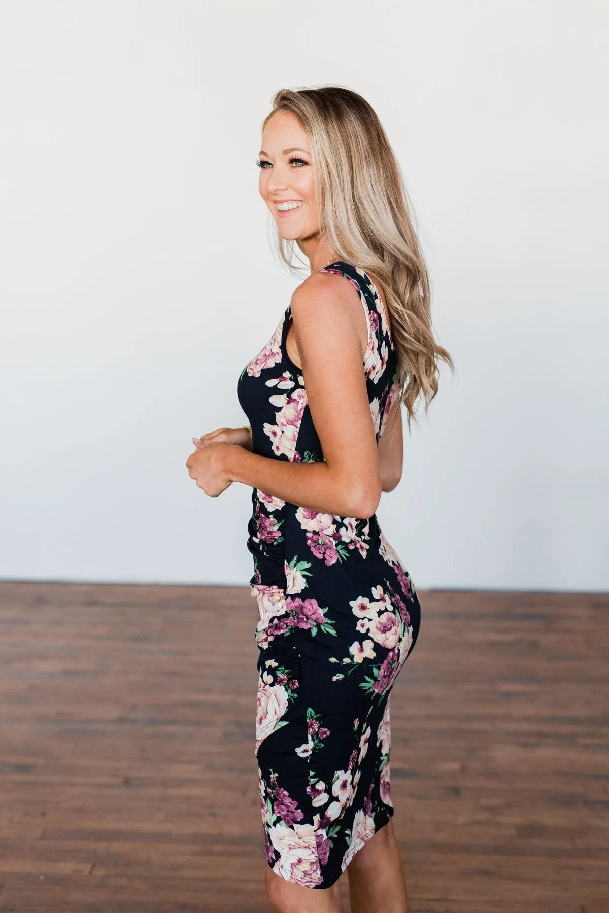Better With You Floral Cinched Dress- Dark Navy