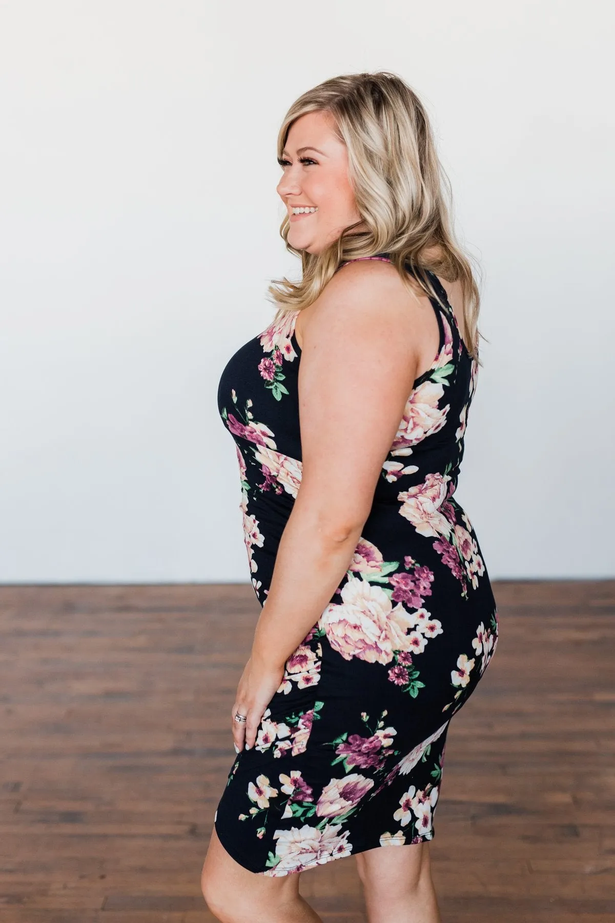 Better With You Floral Cinched Dress- Dark Navy