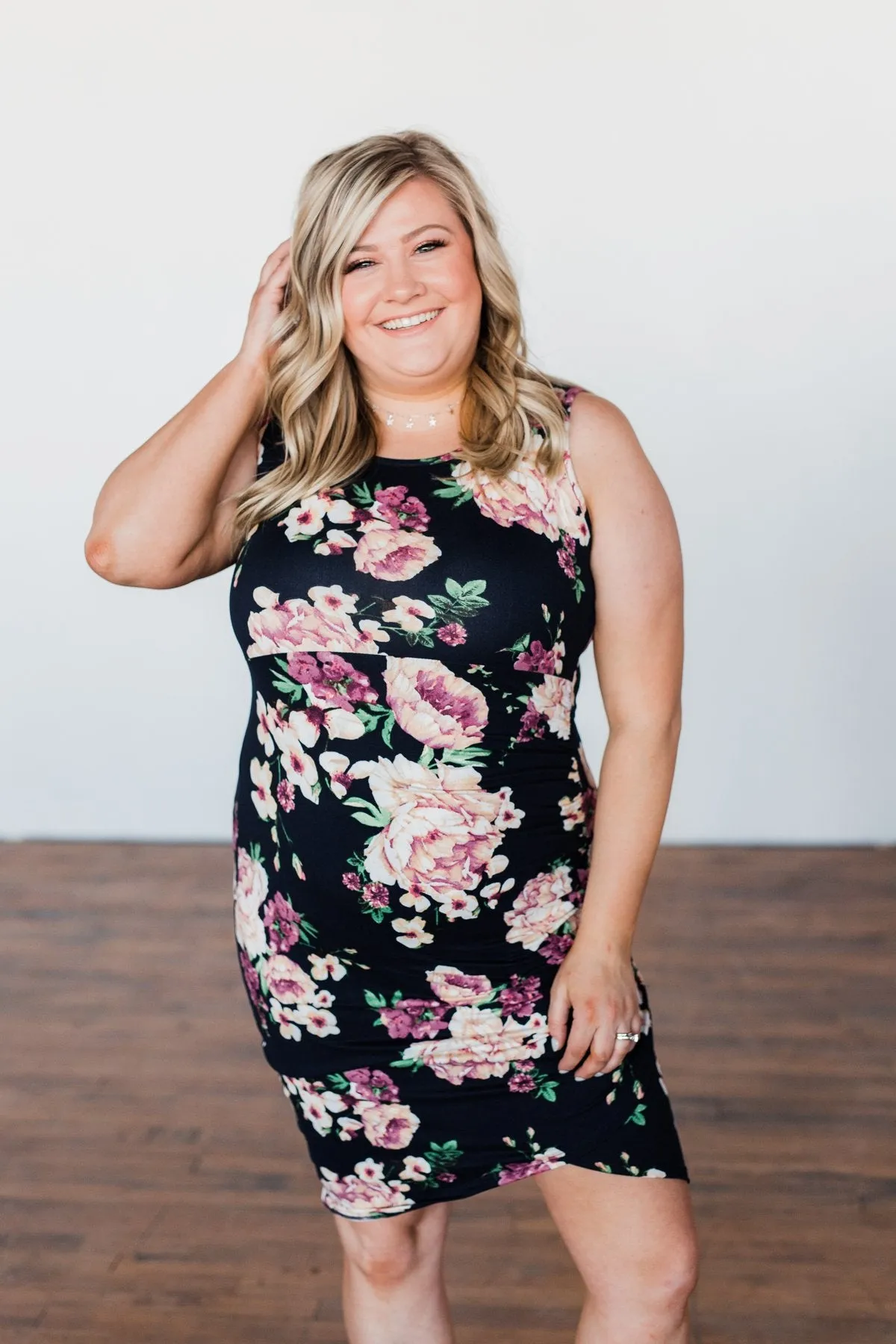 Better With You Floral Cinched Dress- Dark Navy