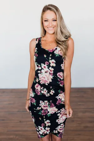 Better With You Floral Cinched Dress- Dark Navy