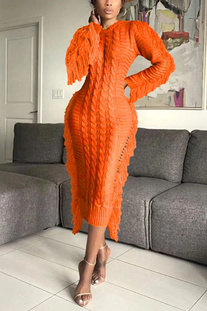 BG0342 Knitted Tassels Long Dress
