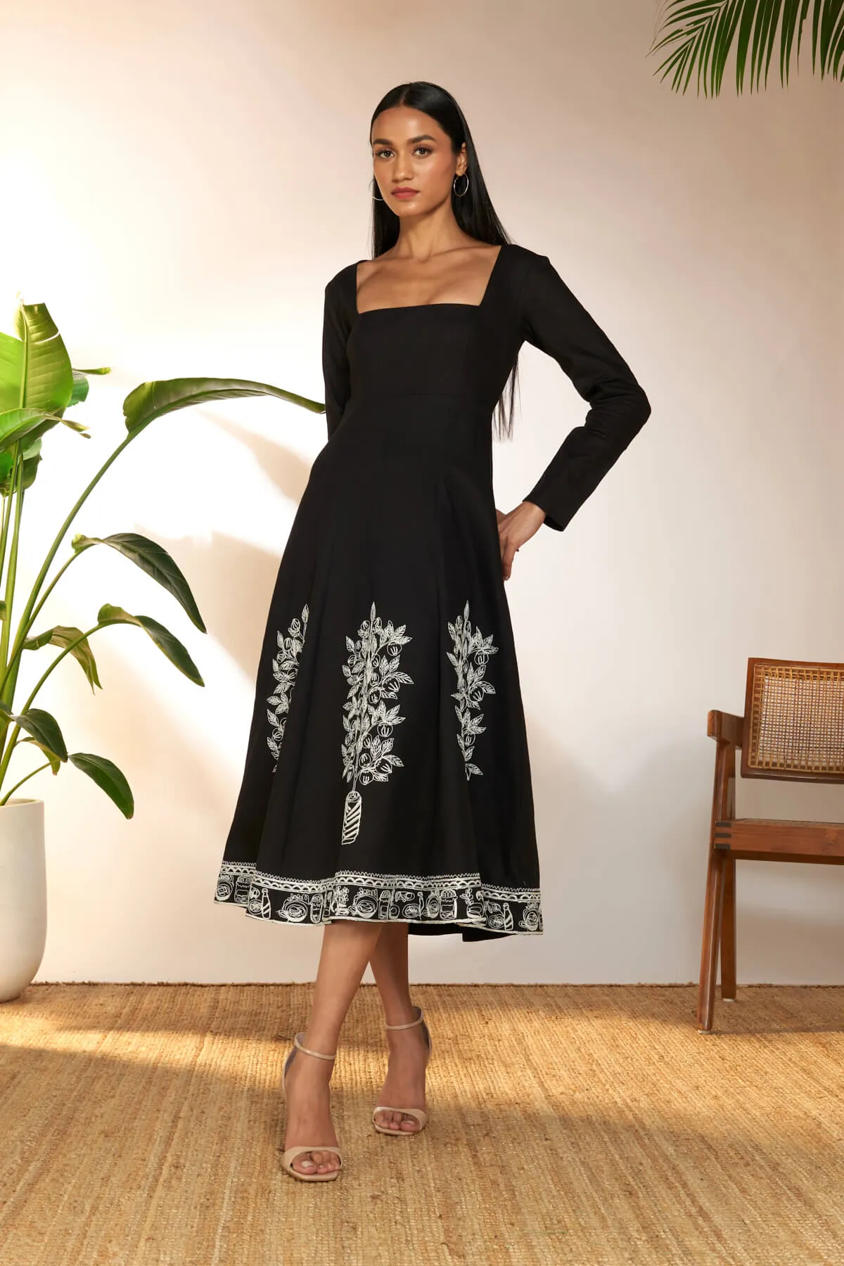 Black embroidered panel dress