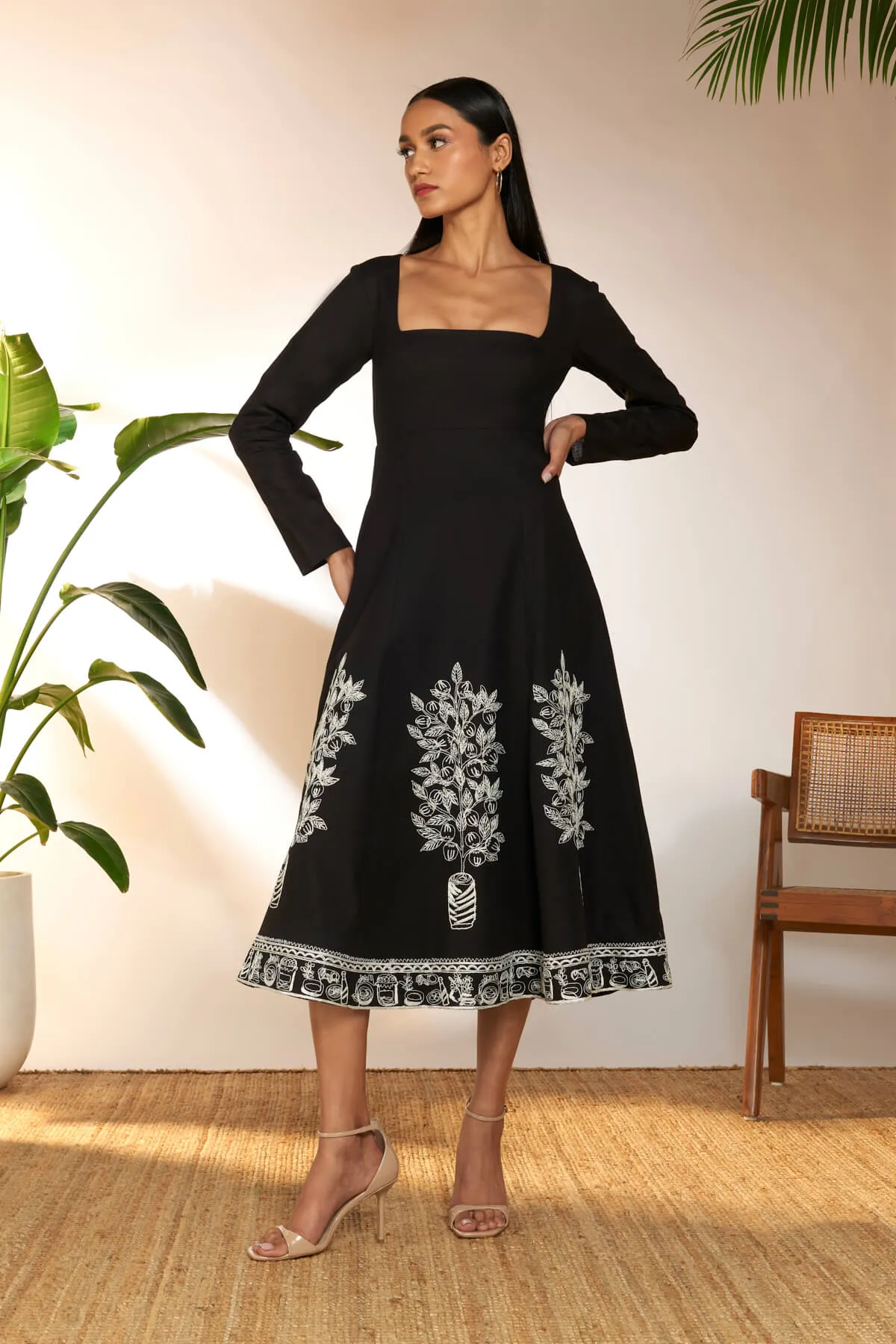 Black embroidered panel dress