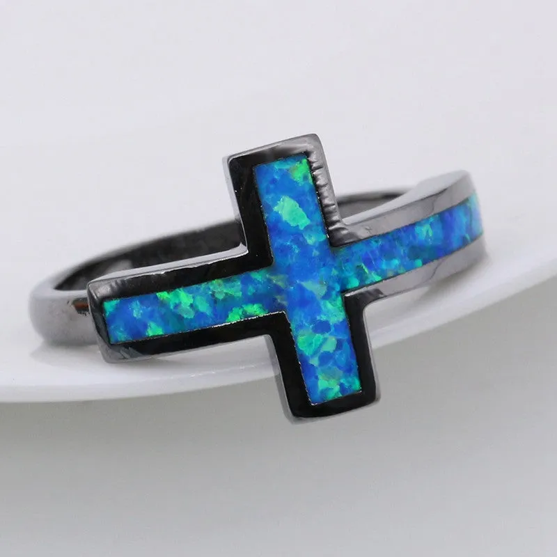 Black Gold Cross Blue Fire Opal Ring