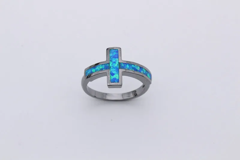 Black Gold Cross Blue Fire Opal Ring