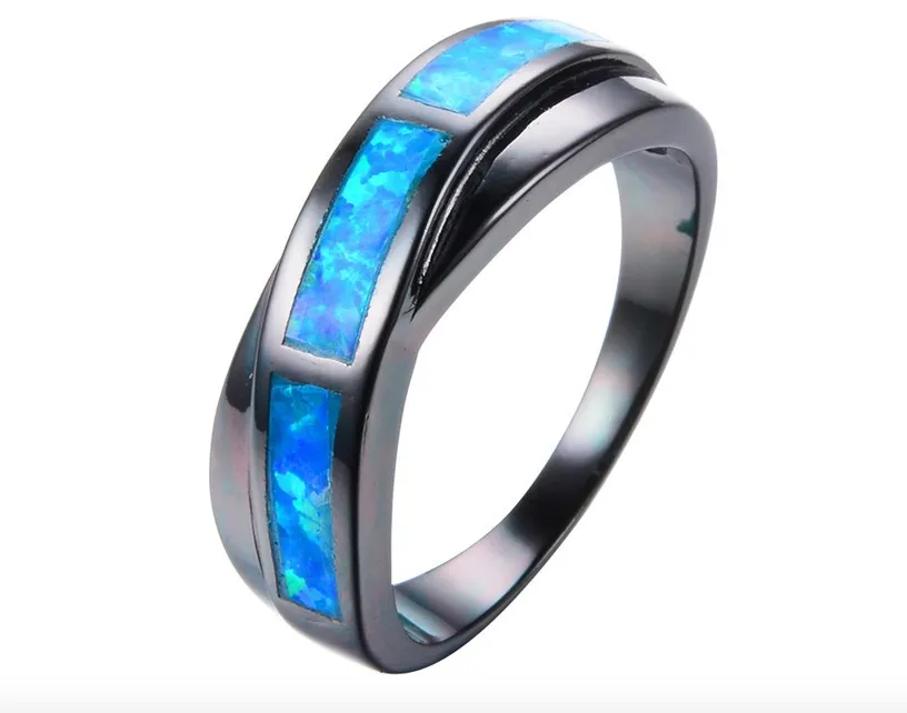 Black Gold Filled Classic Cross Blue Fire Opal Ring