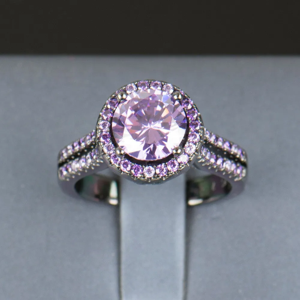 Black Gold Filled Purple Amethyst Crystal Zircon Ring