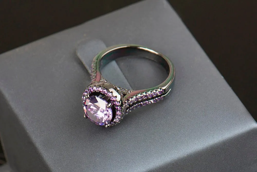 Black Gold Filled Purple Amethyst Crystal Zircon Ring