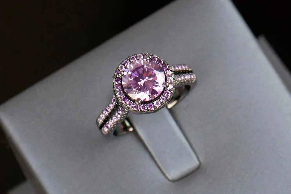 Black Gold Filled Purple Amethyst Crystal Zircon Ring
