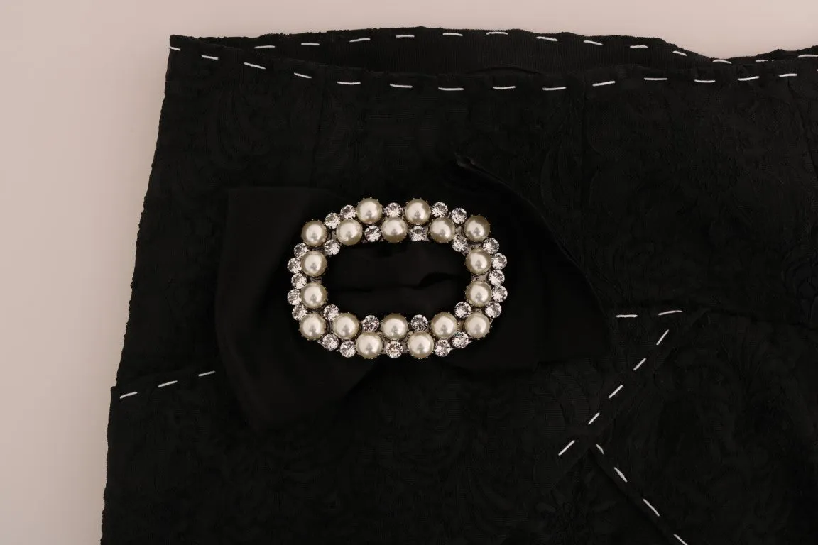 Black Jacquard Crystal Pencil Wrap Skirt