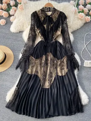 Black Lace Bow Collar Elegant Hollow Out Stitching Pleated Dress