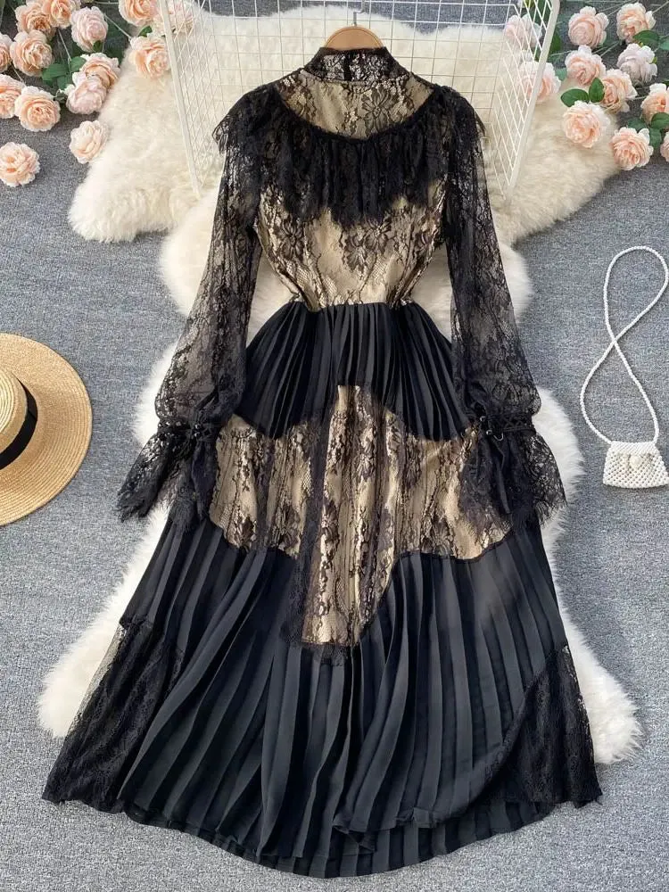 Black Lace Bow Collar Elegant Hollow Out Stitching Pleated Dress