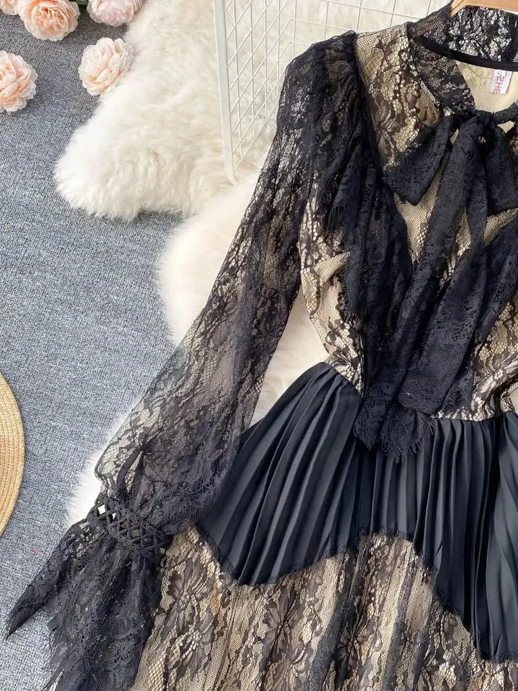 Black Lace Bow Collar Elegant Hollow Out Stitching Pleated Dress