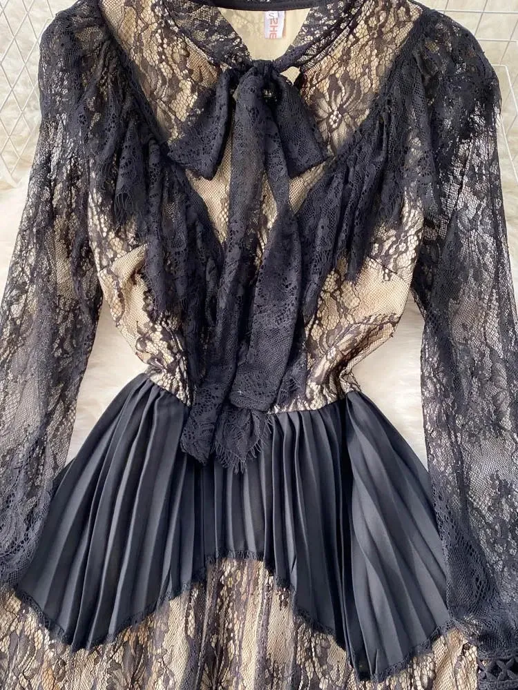 Black Lace Bow Collar Elegant Hollow Out Stitching Pleated Dress