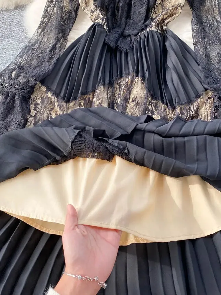 Black Lace Bow Collar Elegant Hollow Out Stitching Pleated Dress