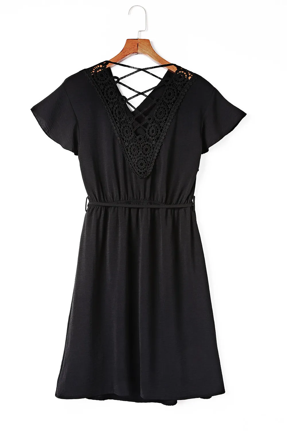 Black Lace Crochet Drawstring High Waist Mini Dress